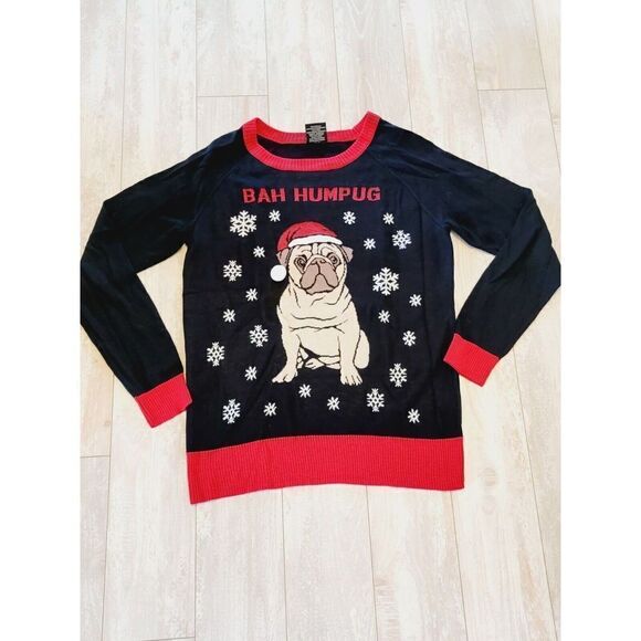 Bah Hum Pug M Christmas Sweater‎ Black Red Snowflakes Dog L/S - Picture 1 of 5
